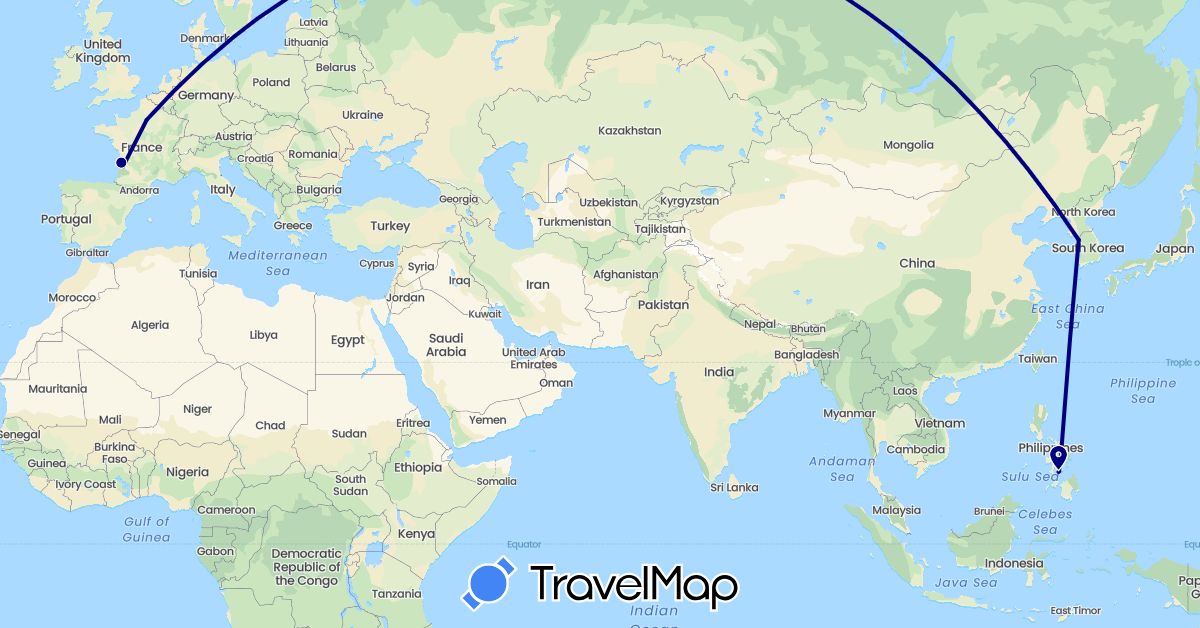 TravelMap itinerary: driving in France, South Korea, Philippines (Asia, Europe)